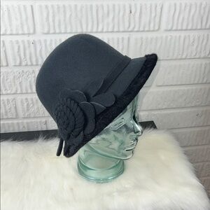 Wool Blend Black Cloche Hat with Floral Accent